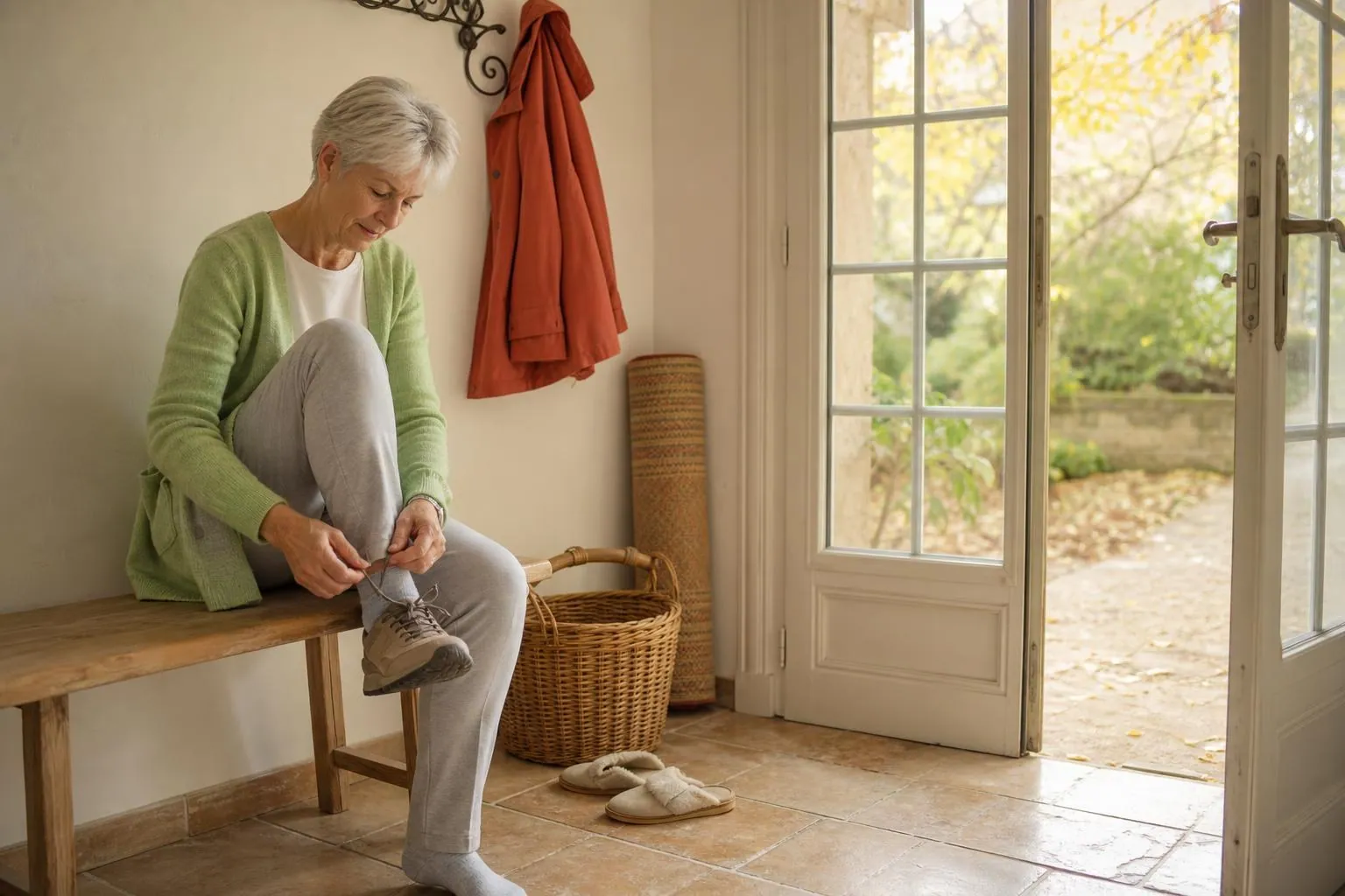 Femme d’une cinquantaine d’années dans une entrée lumineuse, en train de lacer une chaussure de marche, un tapis de sol roulé contre le mur