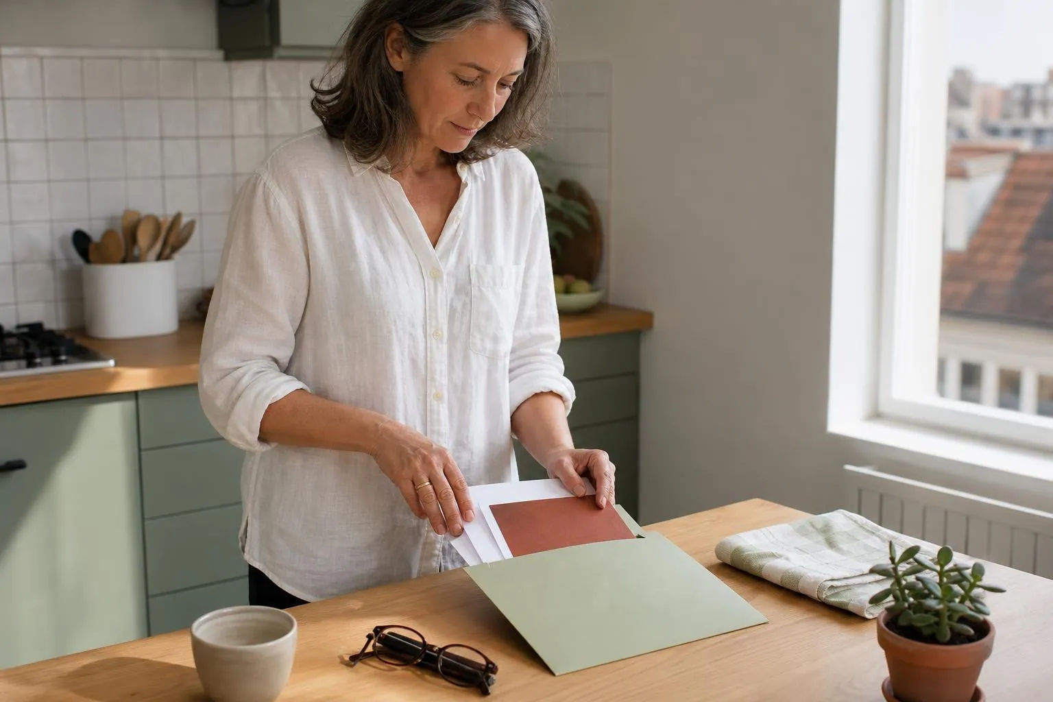 Femme d’une cinquantaine d’années debout devant une table de cuisine, glissant un carnet et des feuilles dans une pochette cartonnée