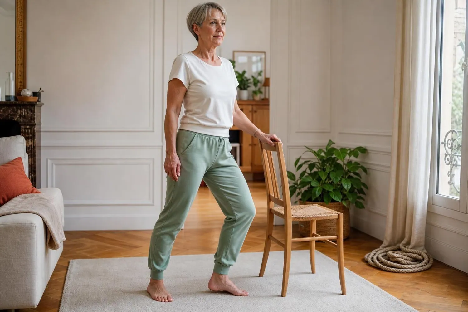 Femme d’une cinquantaine d’années debout dans son salon, une main sur le dossier d’une chaise en bois, en appui pendant un exercice de renforcement