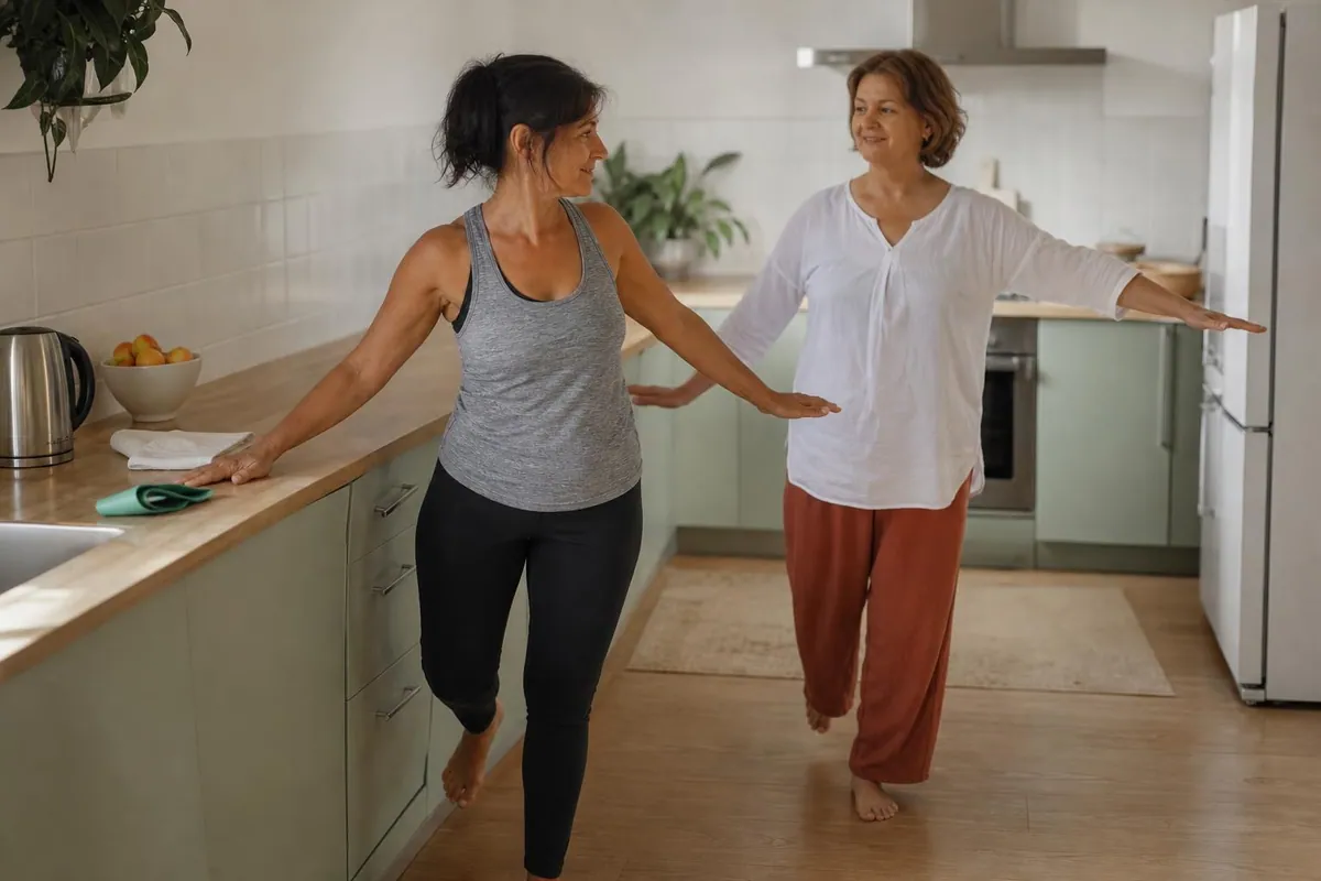 Deux femmes de cinquante à soixante ans en tenue souple, chacune une main posée sur un plan de travail de cuisine, pendant un exercice d’équilibre sur une jambe